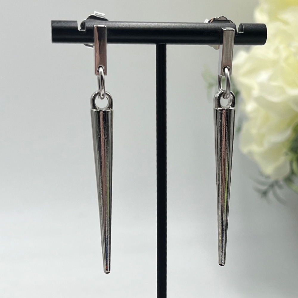Silver Tone Stainless Steel Spike Cone Spear Punk Goth Dangle Earrings